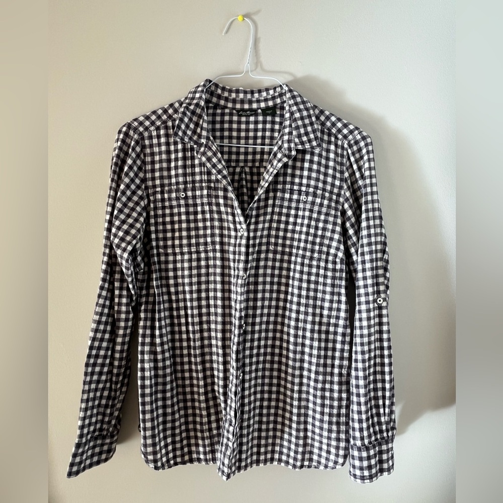 Eddie Bauer Purple and White Checkered Button Down Shirt
